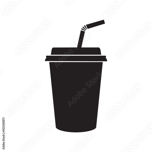 Soft drink silhouette in takeaway cup with straw for fast food combo, soda icon, or beverage item