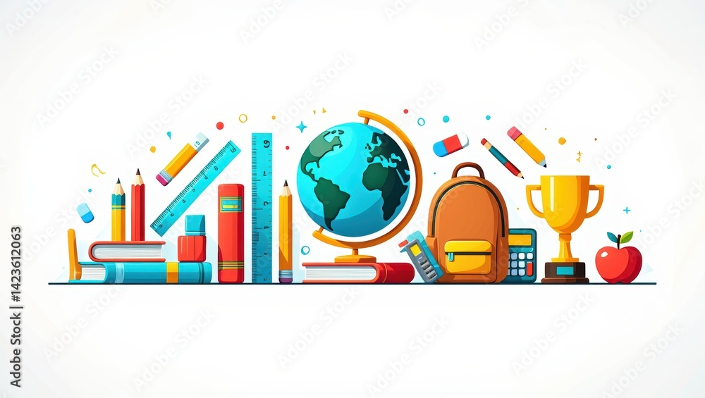 Obraz premium Inspiring_Education_Illustration_Featuring_School_Supplies,_Globe,_Trophy,_and_Books