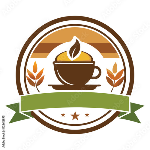 Inviting vector logo design for a coffee shop featuring a minimalist coffee cup with a leaf, earthy colors, and artful details, ideal for a cozy atmosphere