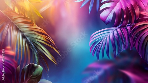 Wallpaper Mural Tropical neon jungle background with palm and monstera leaves Torontodigital.ca