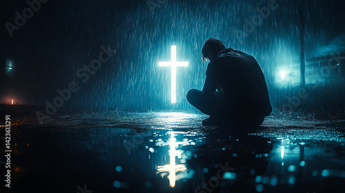 Man, god and rain with depressed for mercy with plead or cry for help with test of faith with glow cross. Mental health, doubt or loss with grief, hopeless and trouble with spiritual crisis outside 