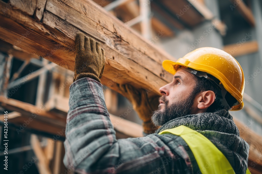 Builder lifting wooden beam at construction site for safety Builder lifting wooden beam at construction site for safety