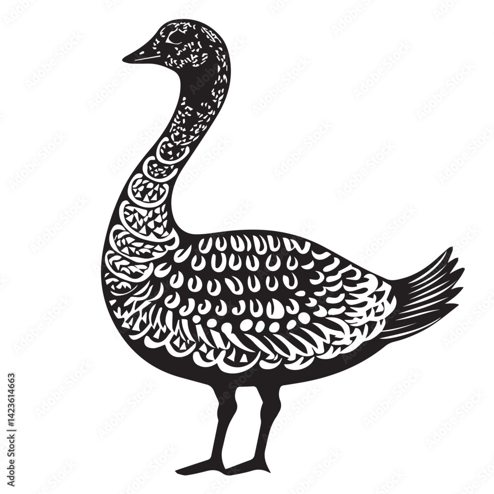 Fototapeta premium image of a goose with spotted patterns, black and white, graphics, vector 