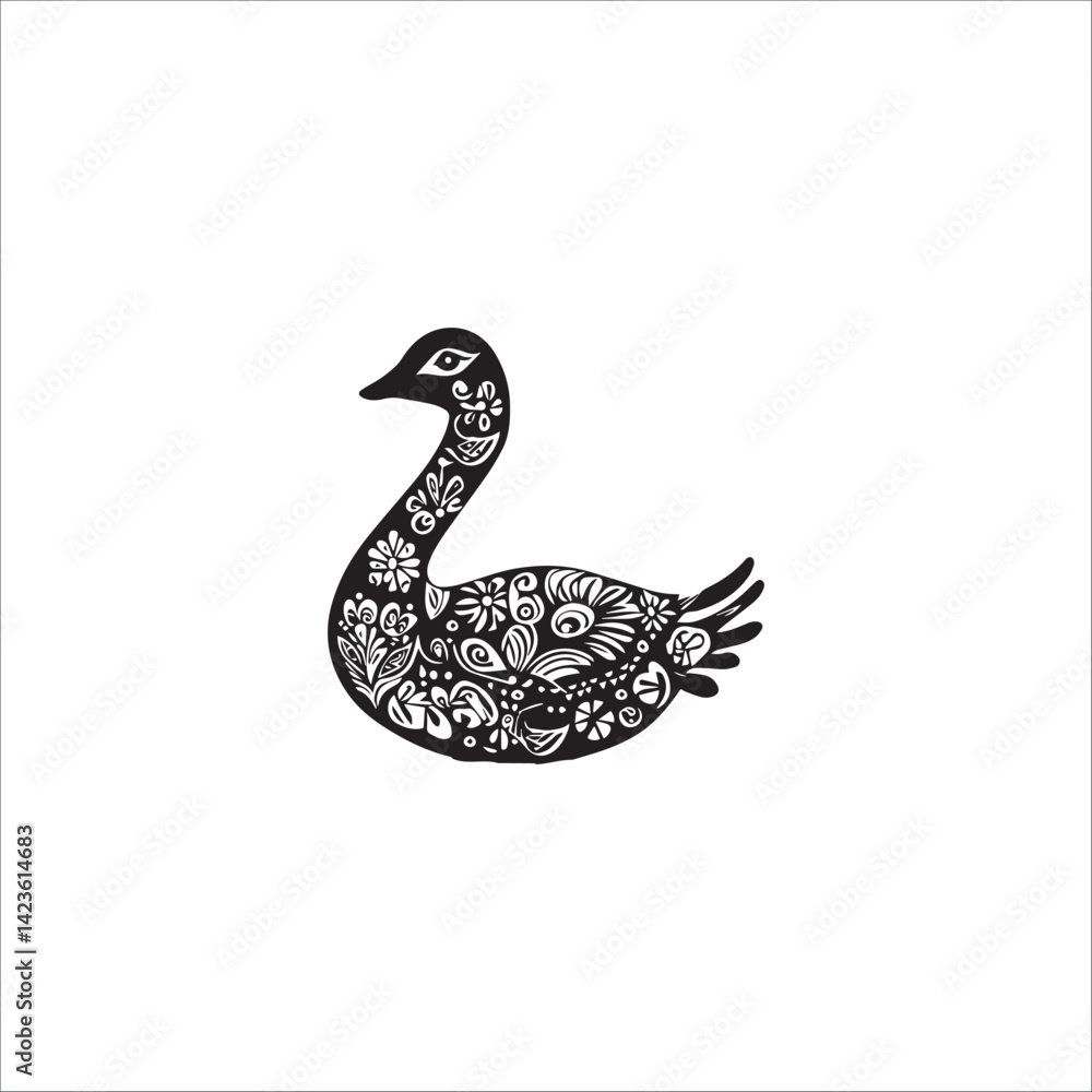 Fototapeta premium image of a goose with floral patterns, black and white, graphics, vector