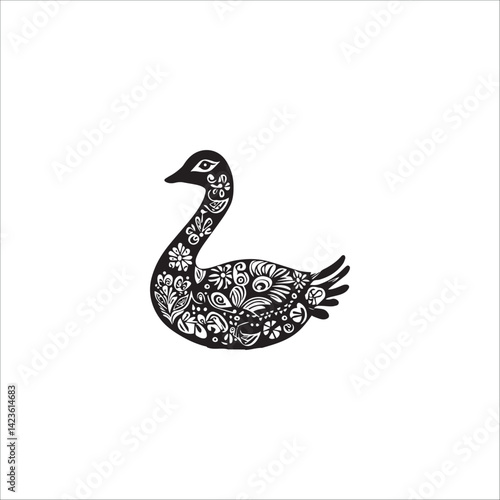 image of a goose with floral patterns, black and white, graphics, vector
