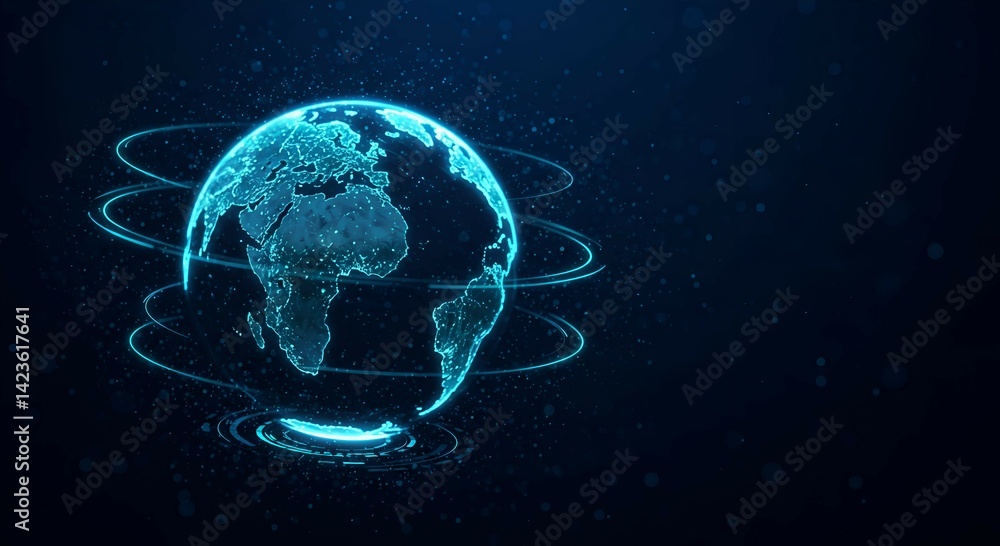 Fototapeta premium Blue Globe Mobile global internet communications. World wide web on phone via wireless satellite network technology. Smartphone digital connection at clouds services of all earth. Holographic abstract
