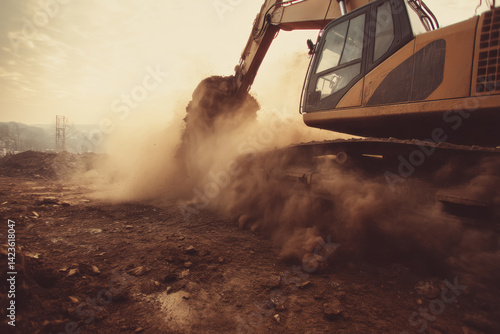 Wallpaper Mural Excavator digging dirt at construction site dusty environment action Torontodigital.ca