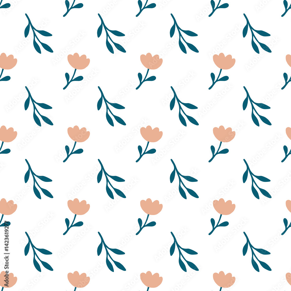 Fototapeta premium Transparent seamless pattern with pastel floral design, hand-drawn flowers and green leaves, ideal for textile, packaging, stickers, overlays and web design. Png