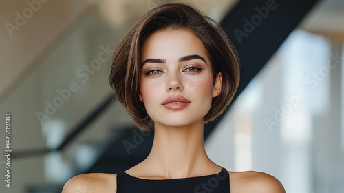 Free Download A woman with elegant makeup and short hair stands against the background of a modern interior.  - GFXLoad