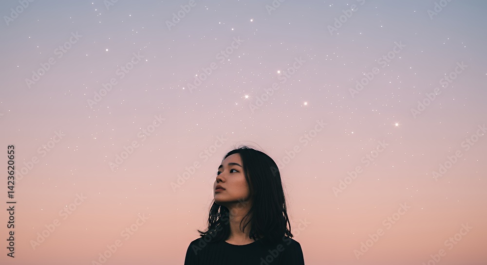 Woman Looking Up at Starry Sky Contemplating Future During Twilight
