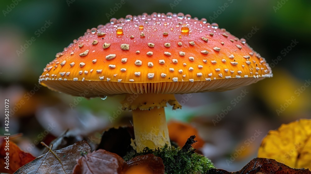 Vibrant red and orange mushroom with water droplets. Vibrant red and orange mushroom with water droplets.