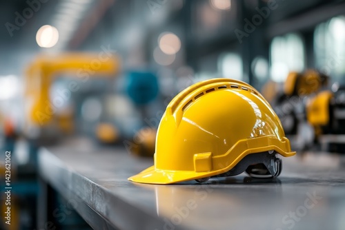 Safety helmet with company logo on table industrial setting photo