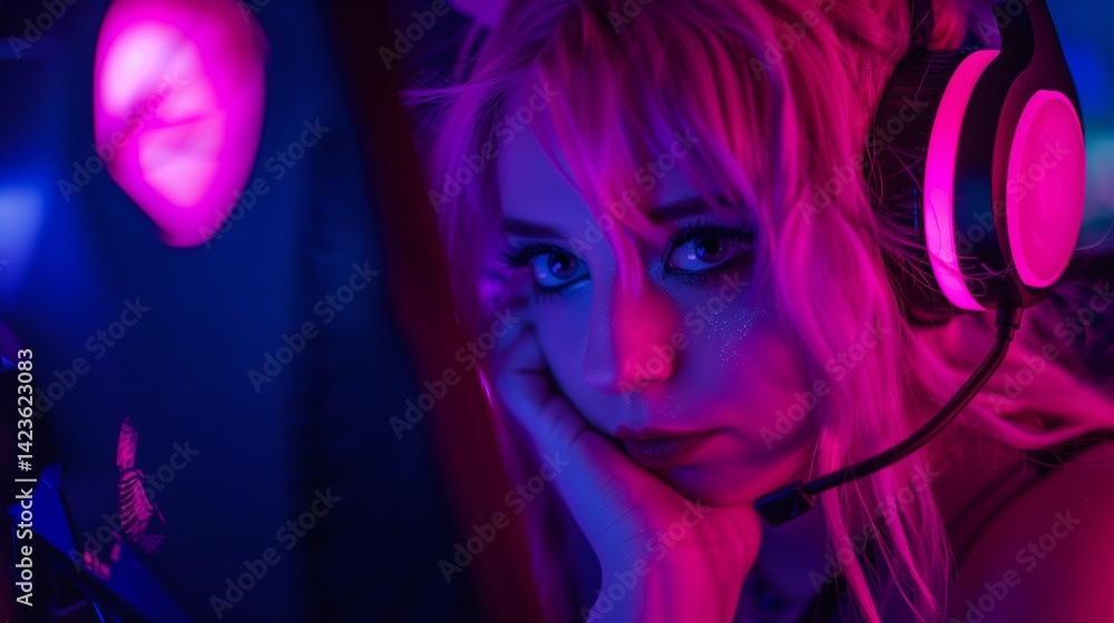 Cute esports girl with headset posing at gaming desk image closeup. Young woman pro gamer leaning on hand thoughtfully close-up photography. Anime cosplay concept photo realistic