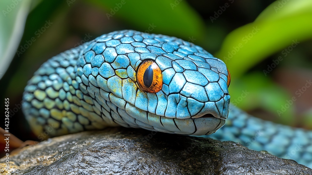 Striking Blue Snake Portrait with Intense Orange Eyes on Rock Striking Blue Snake Portrait with Intense Orange Eyes on Rock