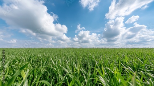Lush green field under a partly cloudy sky