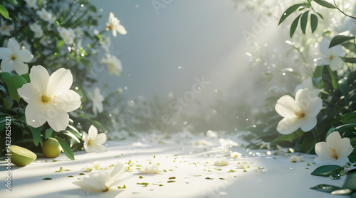 Dreamy spring background with white jasmine flowers and lime slices on white surface in soft sunlight. Ethereal atmospheric composition with floating particles and gentle shadows for product placement