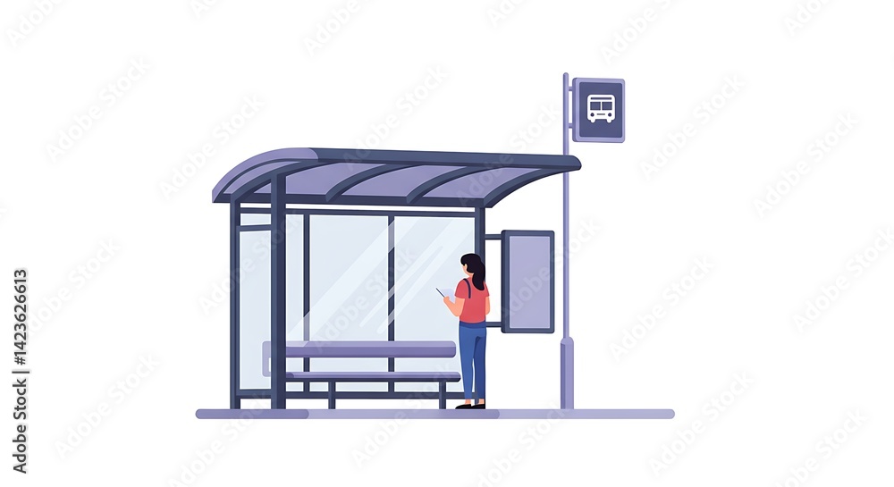 Illustration of a woman using a smartphone at a bus stop shelter isolated Illustration of a woman using a smartphone at a bus stop shelter isolated