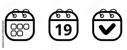 Collection of simple rounded and hollow icons on transparent background for websites and graphic resources, flat calendar icon with specific day marked, day 19.