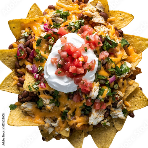 Delicious nachos topped with cheese tomatoes and green onions in a bowl
