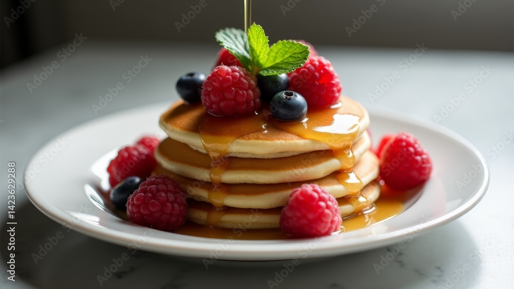 Pancakes Stacked With Berries and Syrup Pancakes Stacked With Berries and Syrup