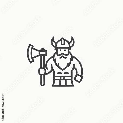 Viking in animal skin holds axe. Strong Barbarian with armour, wooden shield minimalist head logo, Icon, element. Vector illustration