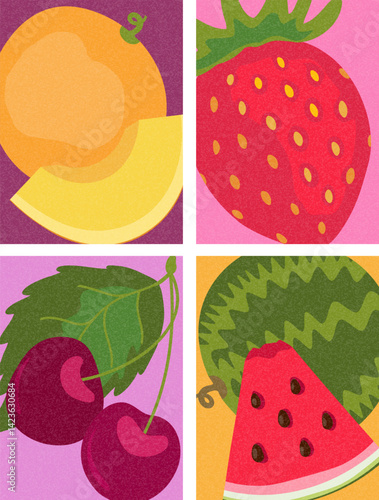 Fruit poster or banner with strawberry, cherry, melon and watermelon. Bright design for card, label, packaging, cover, advertising and signboard.
