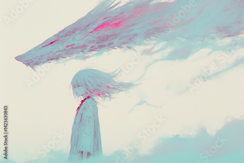 Pale girl stands before a spectral wolf, enveloped in ethereal mist.
