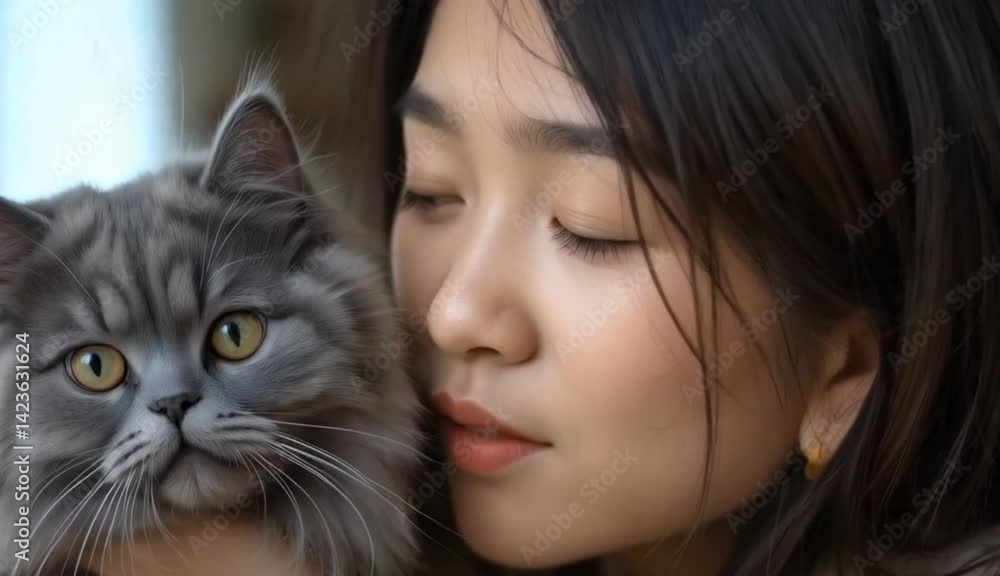 Woman Embracing Cat with Soft Lighting in Cozy Room Woman Embracing Cat with Soft Lighting in Cozy Room