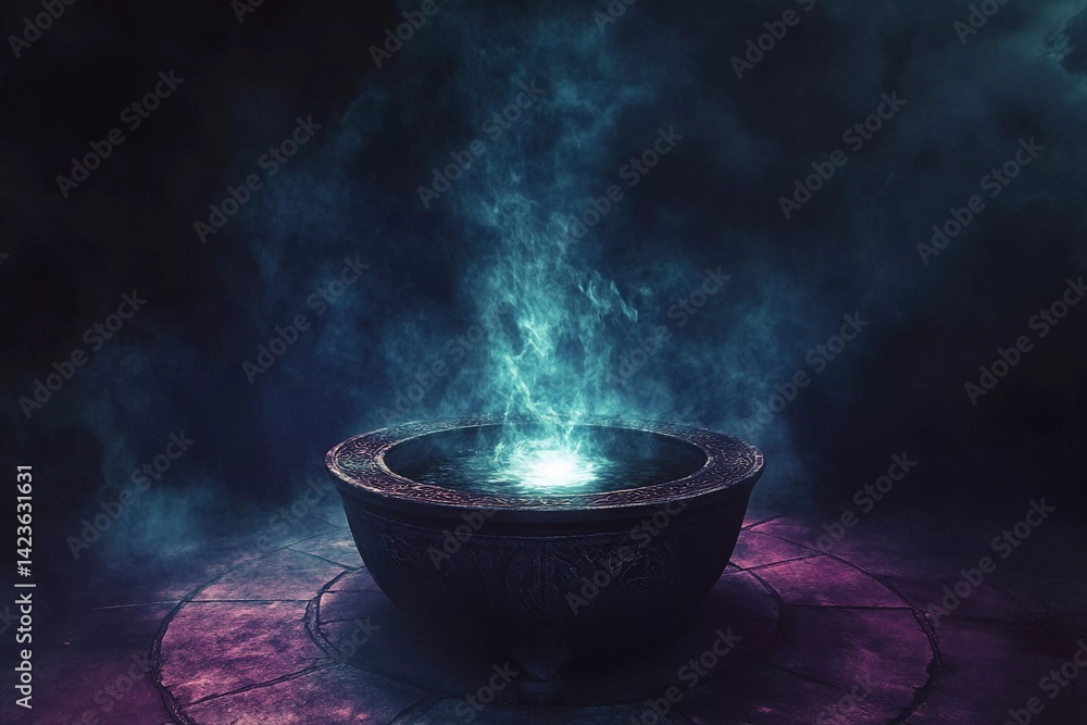Cauldron boiling with dark smoke and flames in a mystical setting at night Cauldron boiling with dark smoke and flames in a mystical setting at night