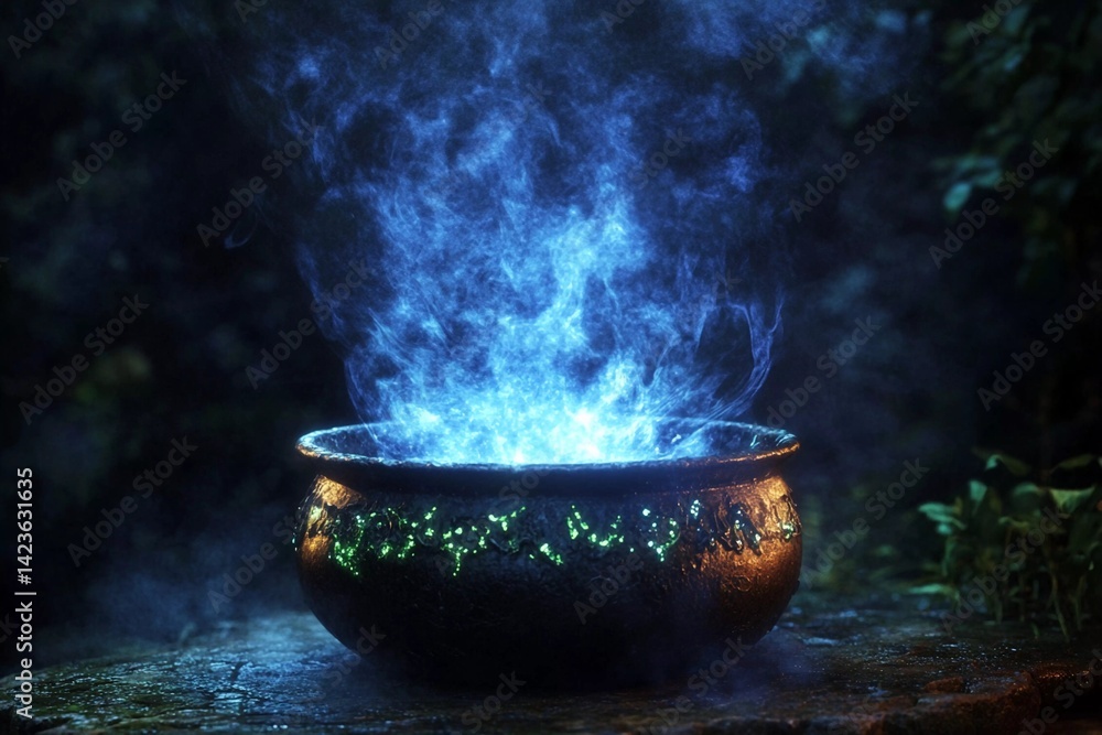 Cauldron boiling with dark smoke and flames in a mystical setting at night Cauldron boiling with dark smoke and flames in a mystical setting at night