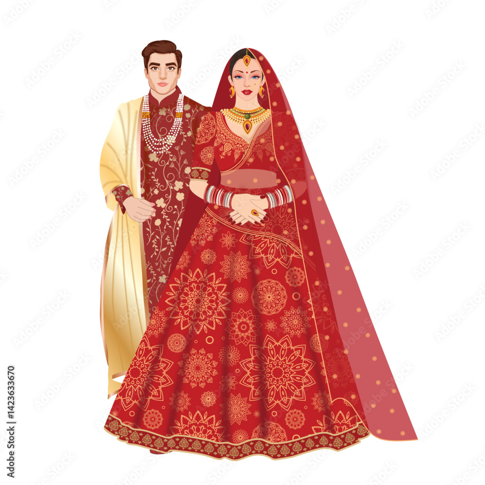 Indian Wedding Couple Smiling Standing with Red Lehanga and Royal Red Sherwani
Indian Wedding Couple Smiling Standing with Red Lehanga and Royal Red Sherwani
