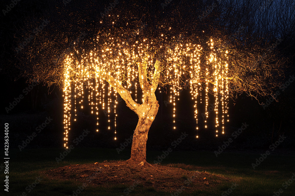 Magical glowing tree with hanging lights in a serene nighttime landscape Magical glowing tree with hanging lights in a serene nighttime landscape