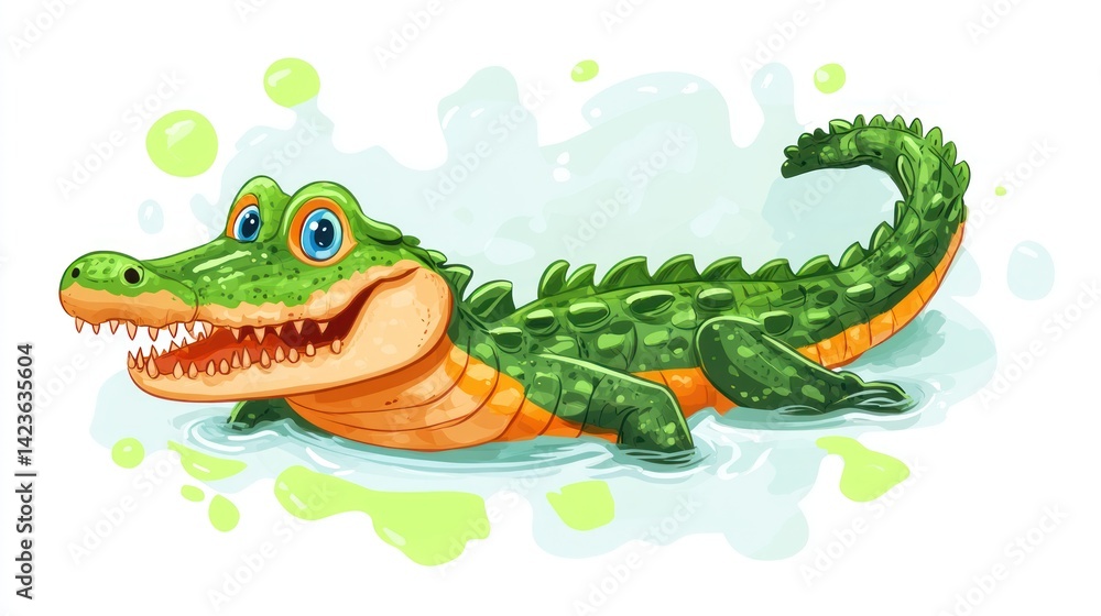 Naklejka premium Happy crocodile swimming swamp water cartoon