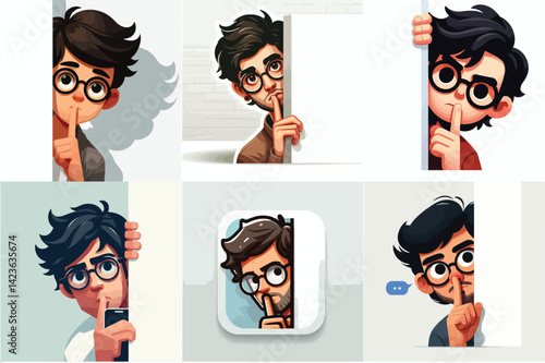 Peeking Character Gesturing Silence Set