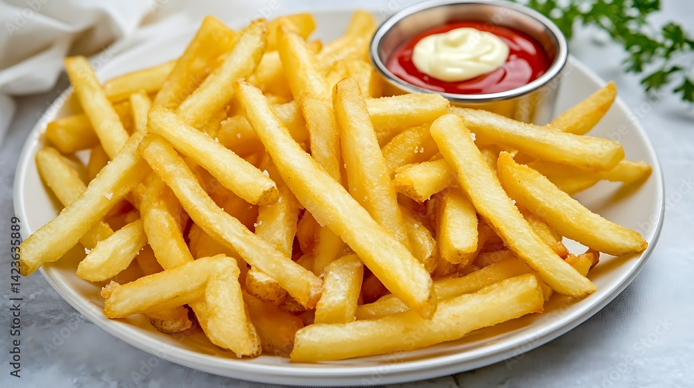 aioli plate of golden crispy fries with ketchup and A aioli plate of golden crispy fries with ketchup and A