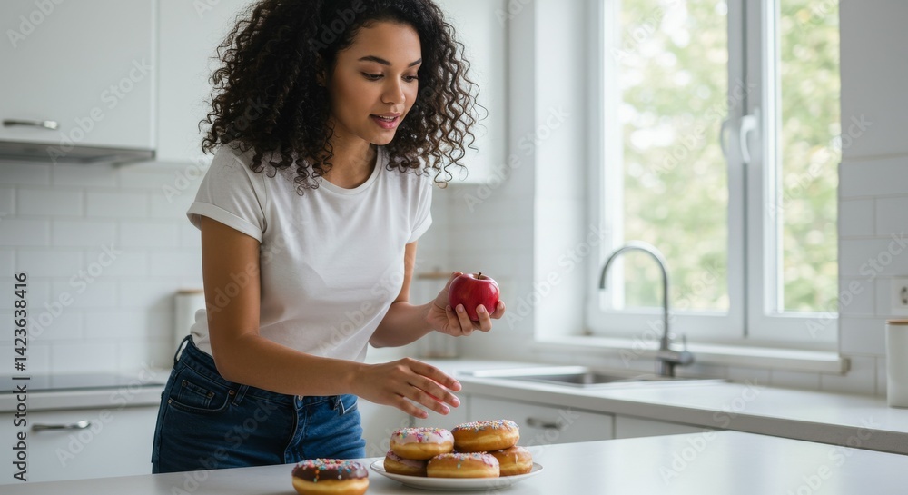 Woman Contemplating Apple Over Stack of Sprinkled Donuts in Brig Woman Contemplating Apple Over Stack of Sprinkled Donuts in Brig
