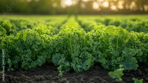 Lush green kale plants growing in a field at sunset.