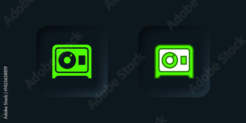 Green Safe icon isolated on black background. The door safe a bank vault with a combination lock. Reliable Data Protection. Black square button. Vector