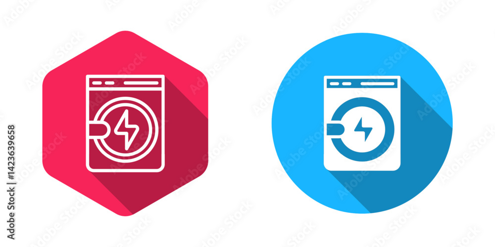Filled and outline Washer icon isolated with long shadow background. Washing machine icon. Clothes washer - laundry machine. Home appliance symbol. Vector Filled and outline Washer icon isolated with long shadow background. Washing machine icon. Clothes washer - laundry machine. Home appliance symbol. Vector