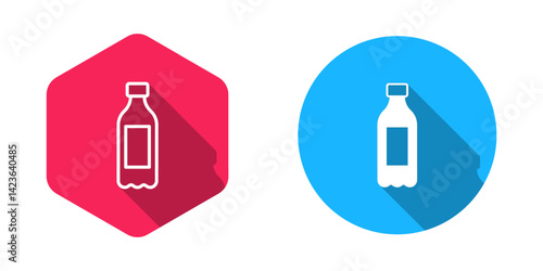 Filled and outline Bottle of water icon isolated with long shadow background. Soda aqua drink sign. Vector