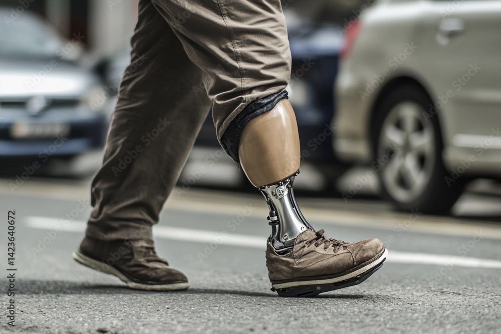 Man confidently walking on the street with a prosthetic leg during a sunny day in an urban environment