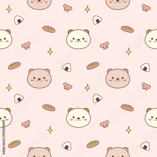 Face bear cartoon so cute. On star bow bread onigiri pink background. Pattern seamless vector illustration. 