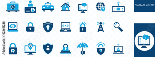 Coverage icon set. Public assistance, oral, family protection, security, danger, wallet, property insurance, reserve, health, maternity and solid vector 