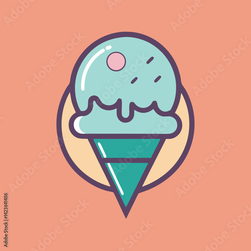 Playful minimalist logo design for ice cream shop featuring a colorful cone and a single scoop of ice cream on an orange background