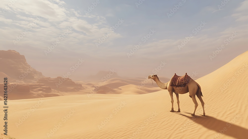 Camel Standing Alone in Sandy Desert Landscape Under Hazy Blue Sky Camel Standing Alone in Sandy Desert Landscape Under Hazy Blue Sky