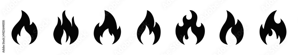 Set of black flame icons in modern silhouette style. Perfect for UI design, warning signs, heating, fire safety, and energy concepts. Includes various flame shapes in vector format. Set of black flame icons in modern silhouette style. Perfect for UI design, warning signs, heating, fire safety, and energy concepts. Includes various flame shapes in vector format.