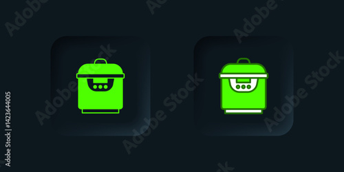 Green Slow cooker icon isolated on black background. Electric pan. Black square button. Vector