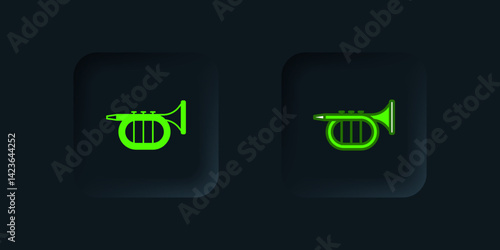 Green Trumpet icon isolated on black background. Musical instrument. Black square button. Vector