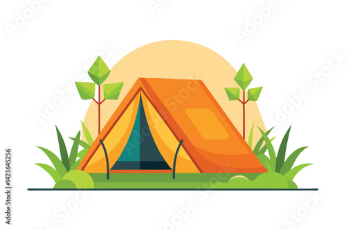 Colorful cartoon camping tent in a serene nature setting.