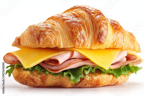 delicious and appetizing croissant sandwich with ham, cheese and lettuce isolated on white background